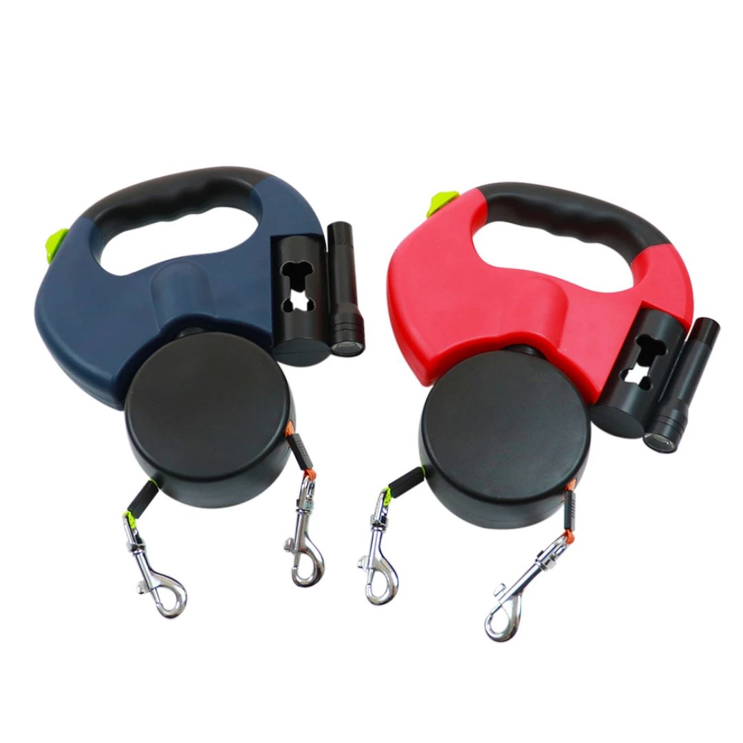Laisse Double Rétractable Pour Chiens – Avec Lampe LED Et Distributeur De Sacs