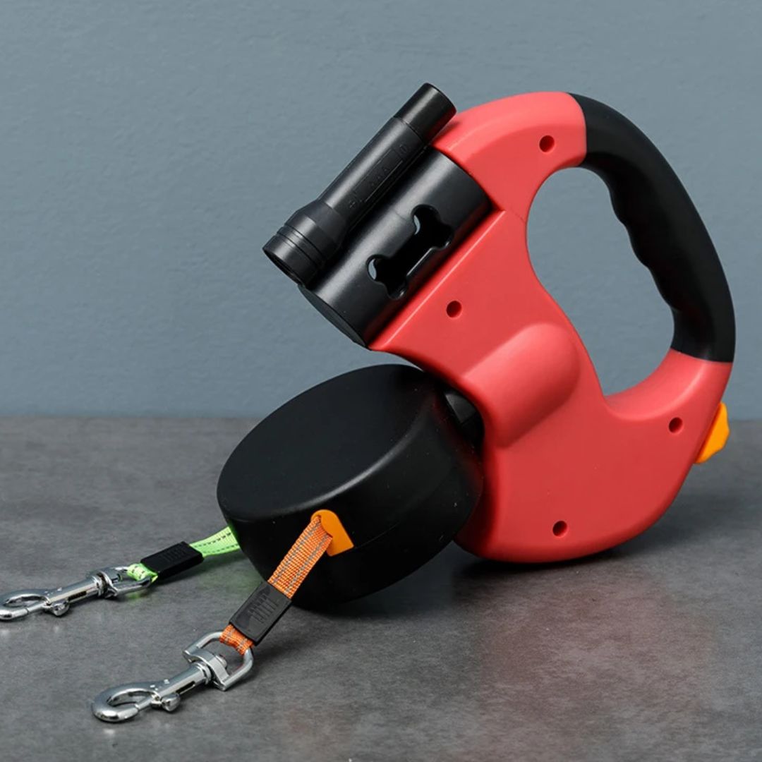 Laisse Double Rétractable Pour Chiens – Avec Lampe LED Et Distributeur De Sacs