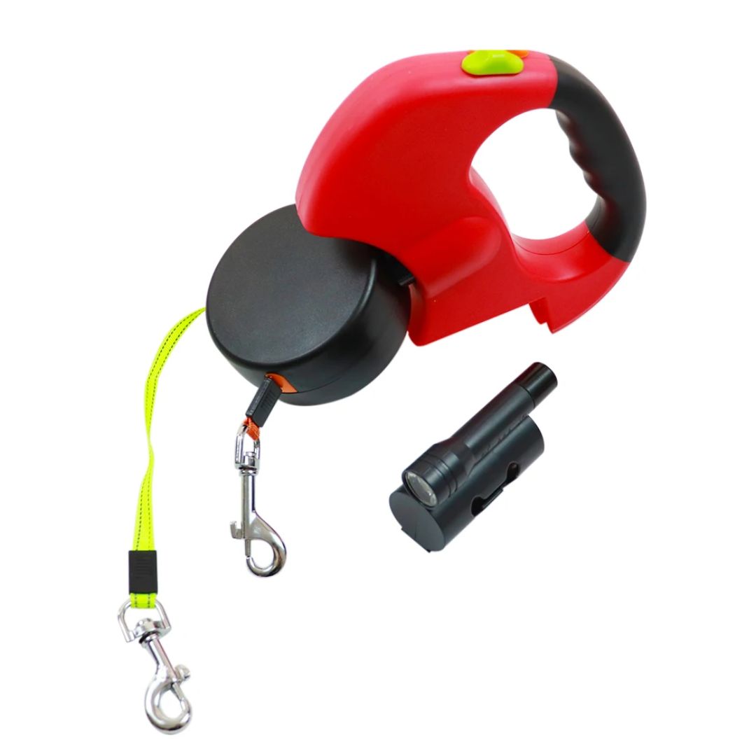 Laisse Double Rétractable Pour Chiens – Avec Lampe LED Et Distributeur De Sacs