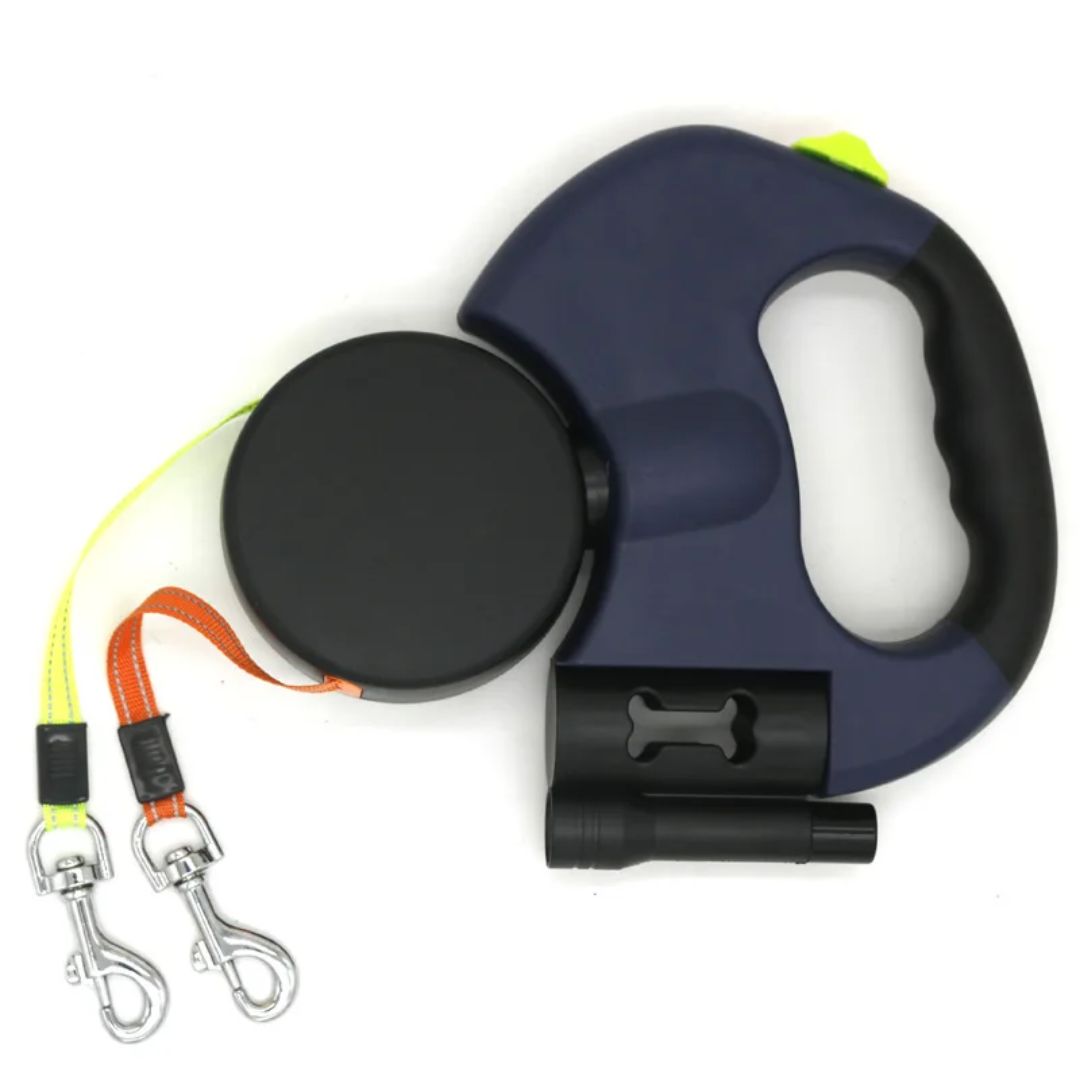 Laisse Double Rétractable Pour Chiens – Avec Lampe LED Et Distributeur De Sacs