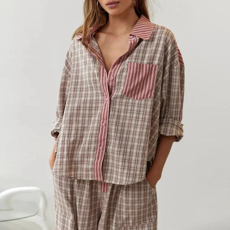 Charlotte | Pyjamas Komfortabel Chic Med Striper Og Ruter