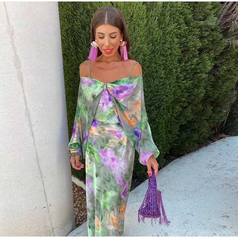 Ginette | Vestido Largo Elegante – Impresión Colorida y Hombros Descubiertos 